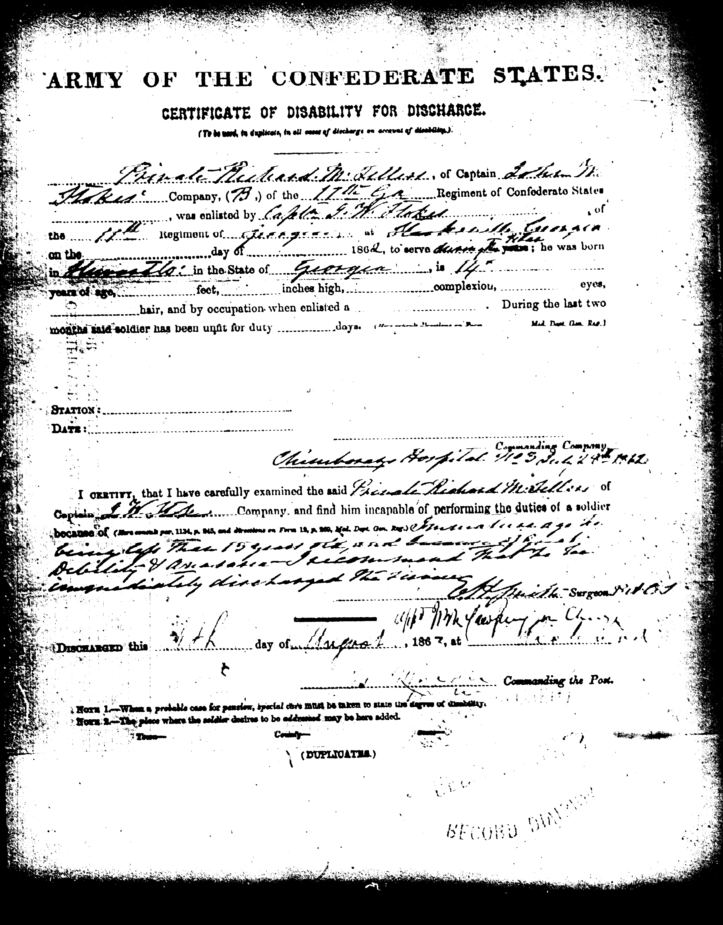 Richard M. Sellars' Confederate Discharge Certificate (front)